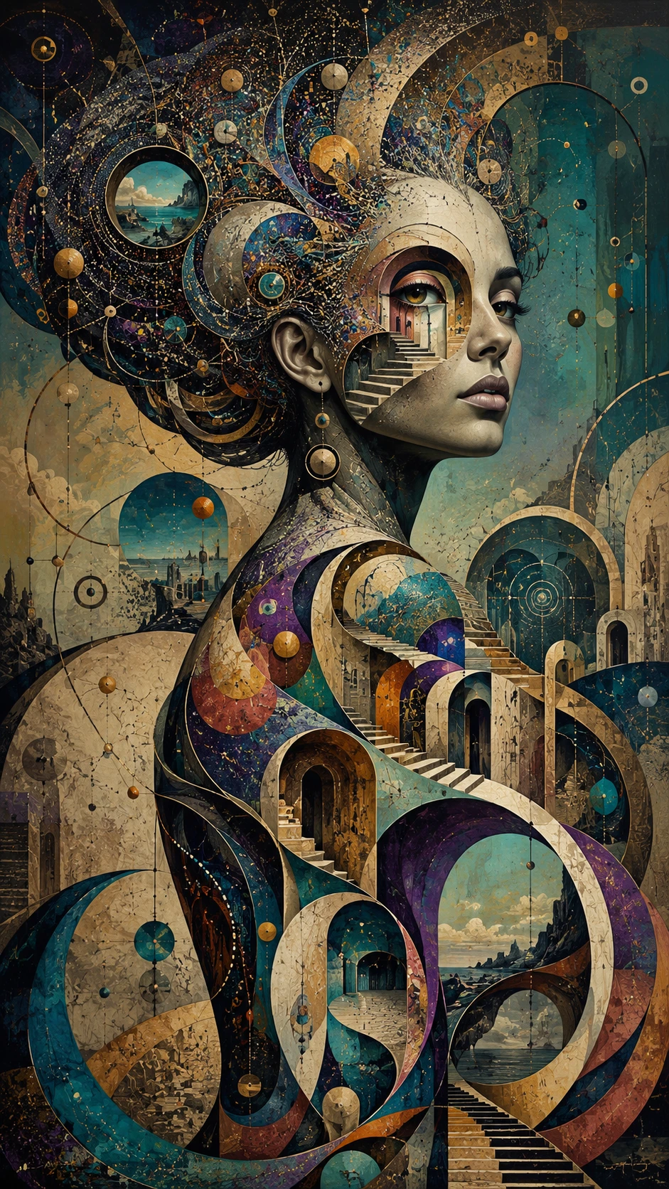 Surreal female figure built from arcs ribbons and portals