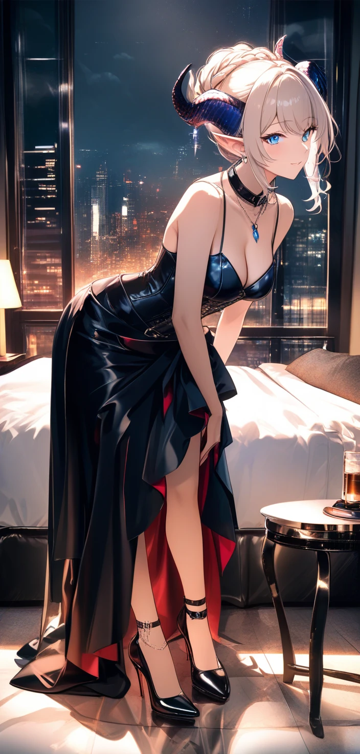 Elegante mujer tiefling posando en una suite de hotel moderna