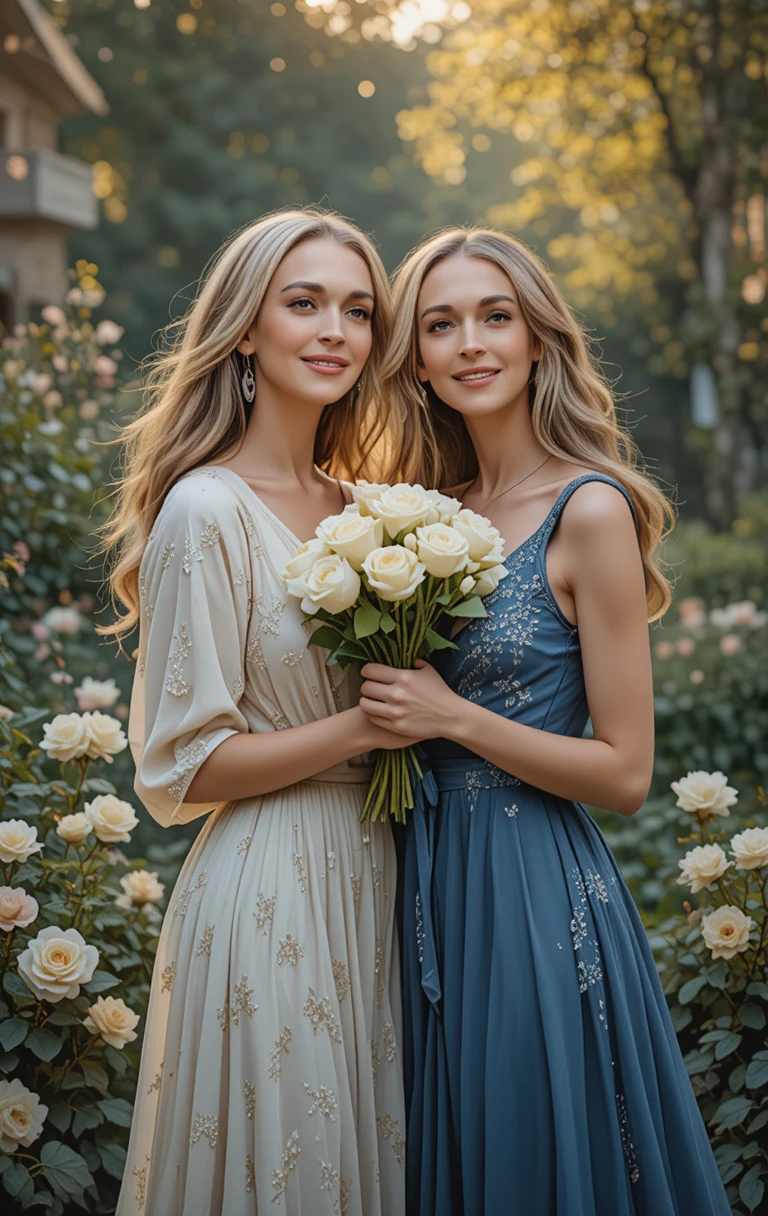 Dolce abbraccio tra due giovani donne in un giardino