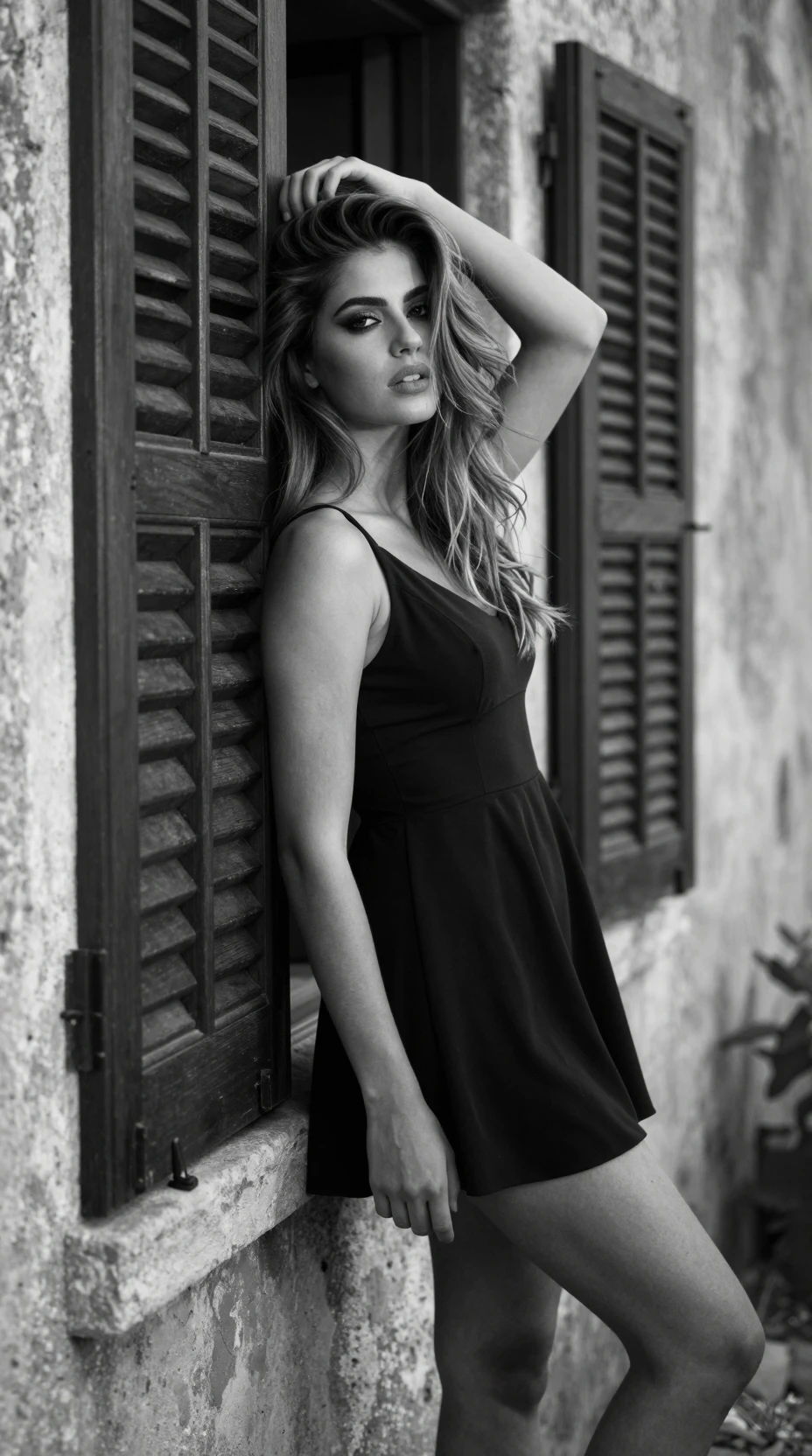 Retrato sensual en blanco y negro de una chica junto a contraventanas de madera