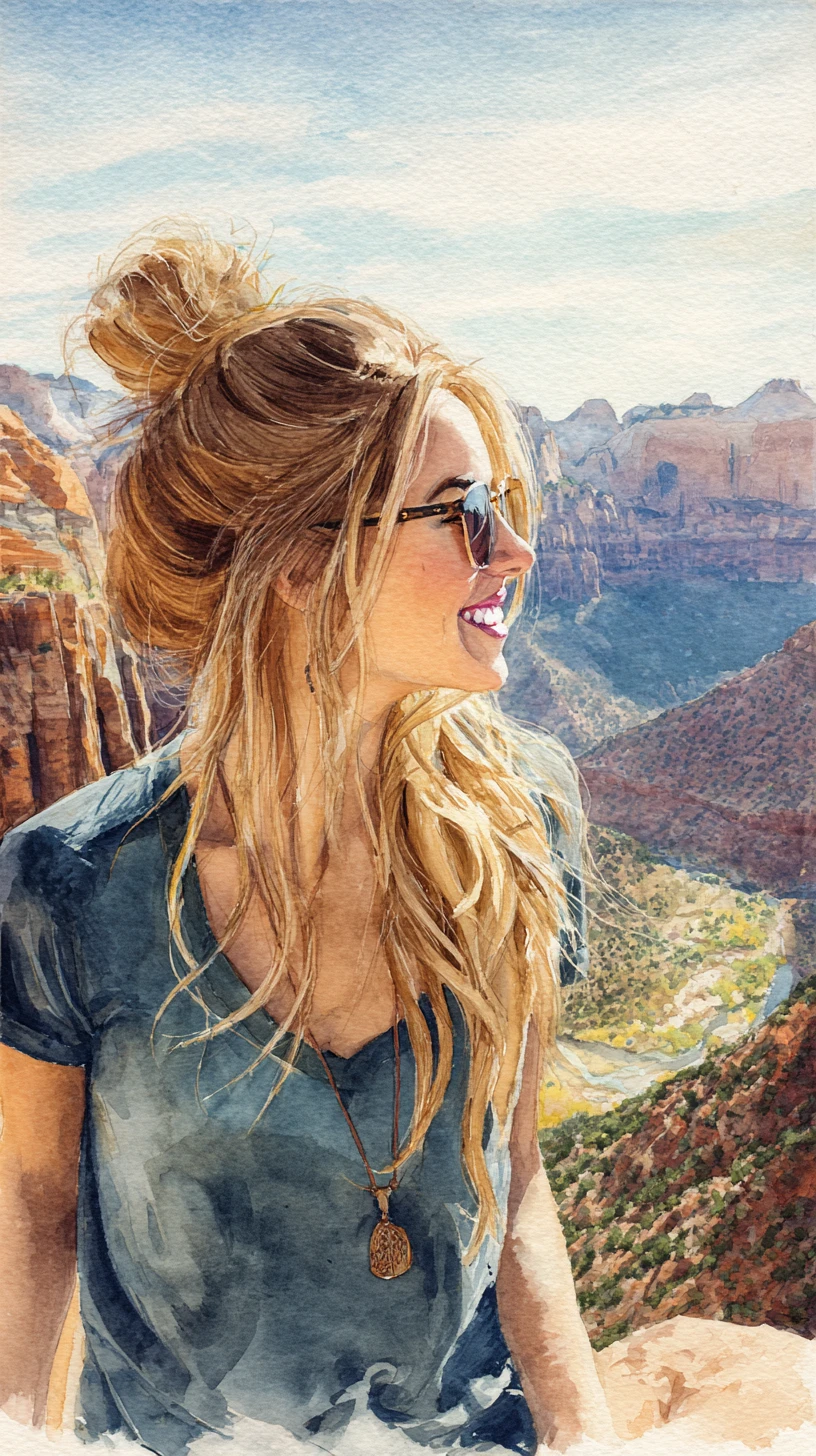 Watercolor portrait of a smiling woman above canyon mountains