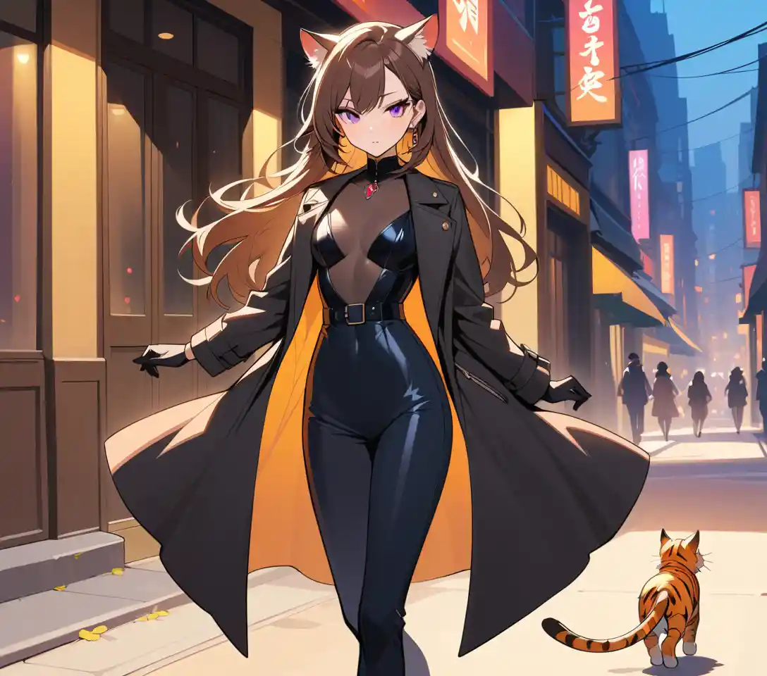 Elegant feline femme fatale on an evening city stroll