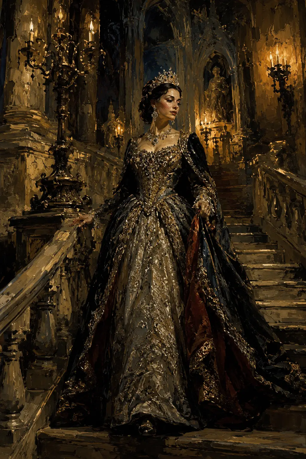 Elegant woman descending a grand staircase in a castle