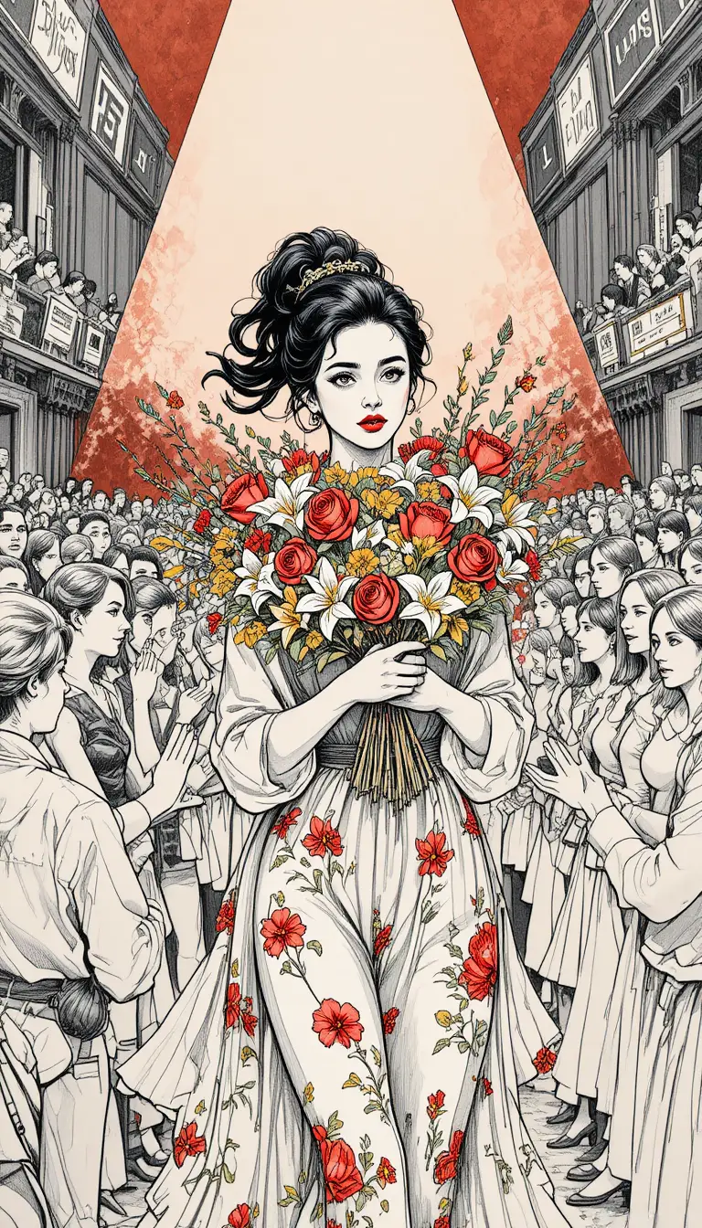 Young woman with bouquet pushing through crowded concert backstage