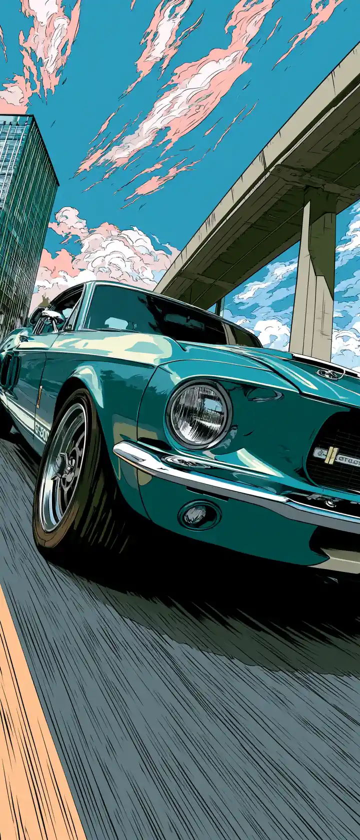 Carro muscle em pop art correndo visto de ângulo extremamente baixo