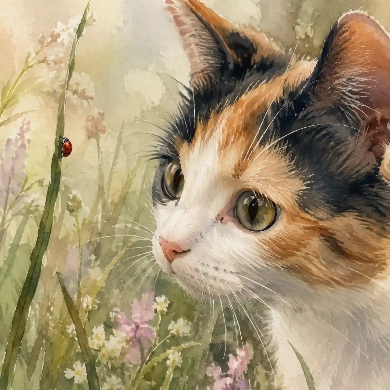 Watercolor close up of a calico cat watching a ladybug