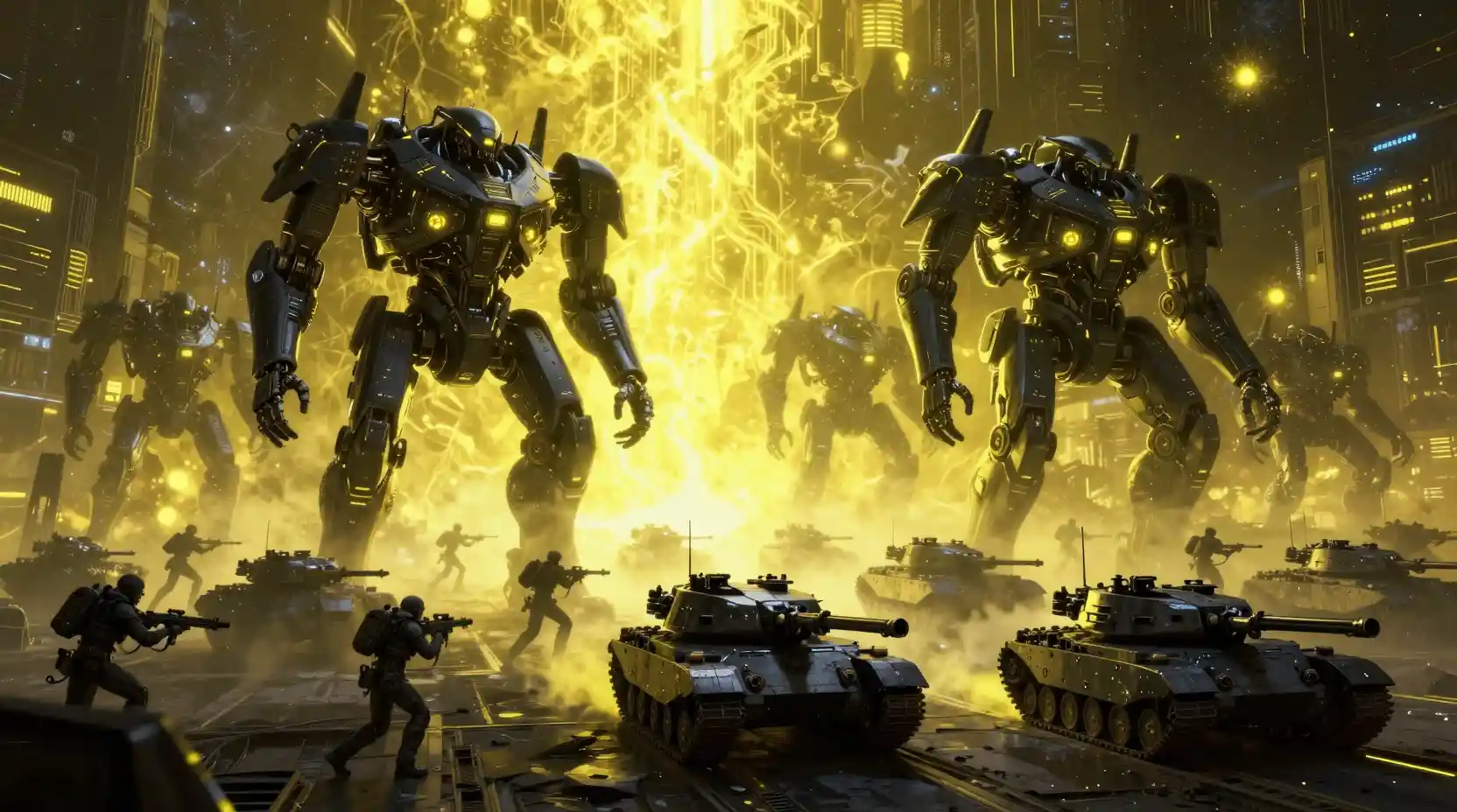 Giant black mechs patrol a ruined sci fi city