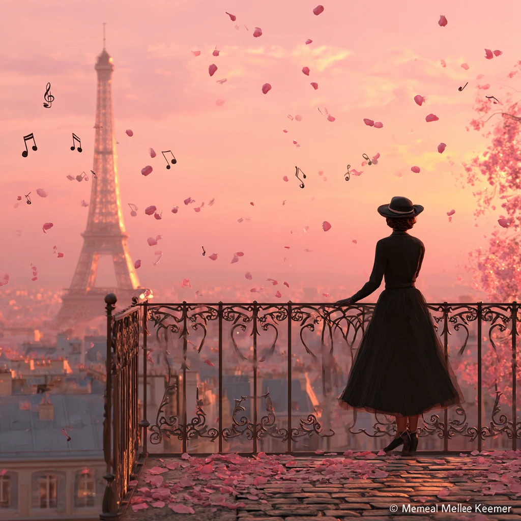 Elegant woman on paris balcony in soft sunset glow