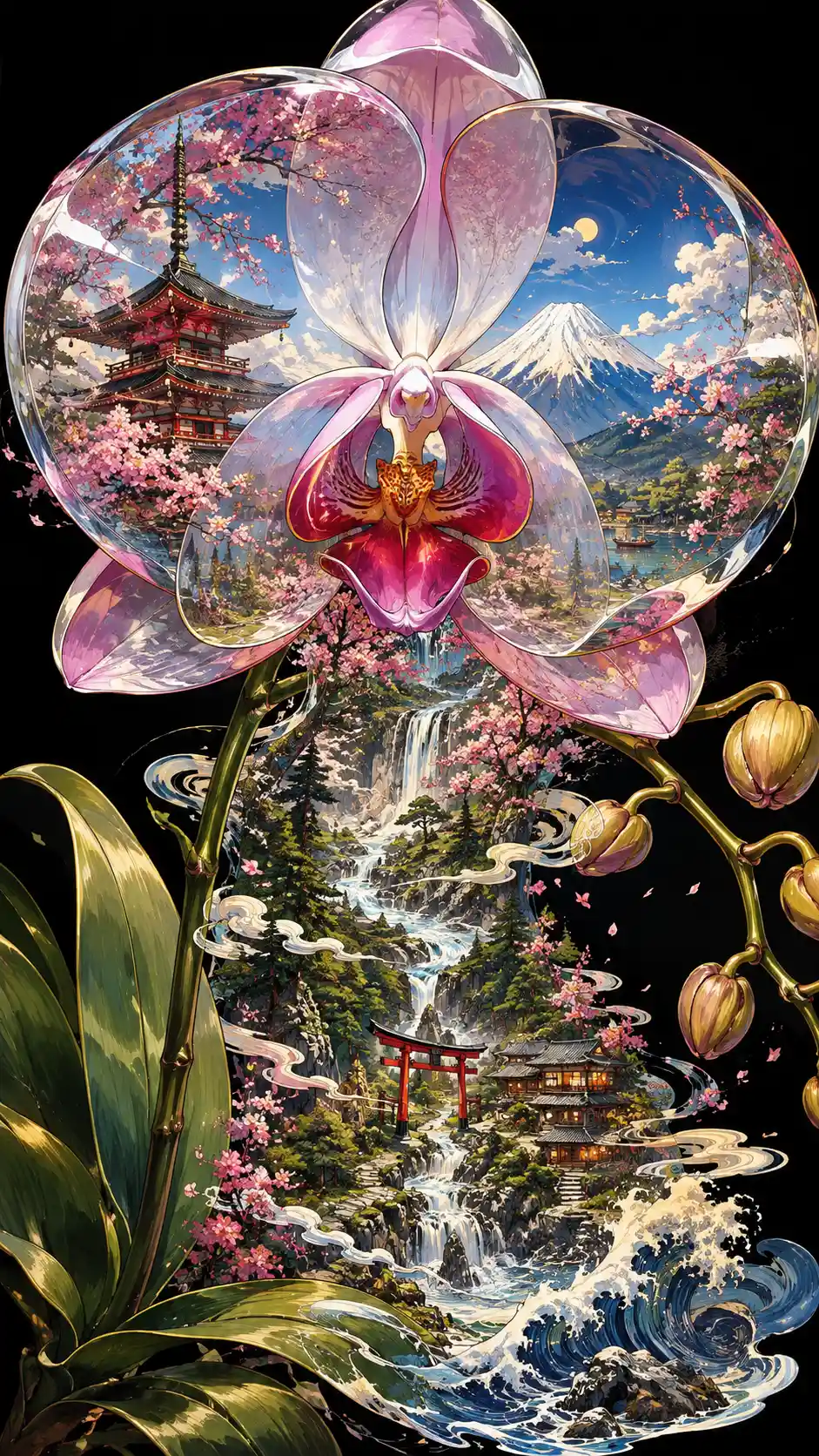 Paesaggio giapponese che fluisce da un’orchidea trasparente
