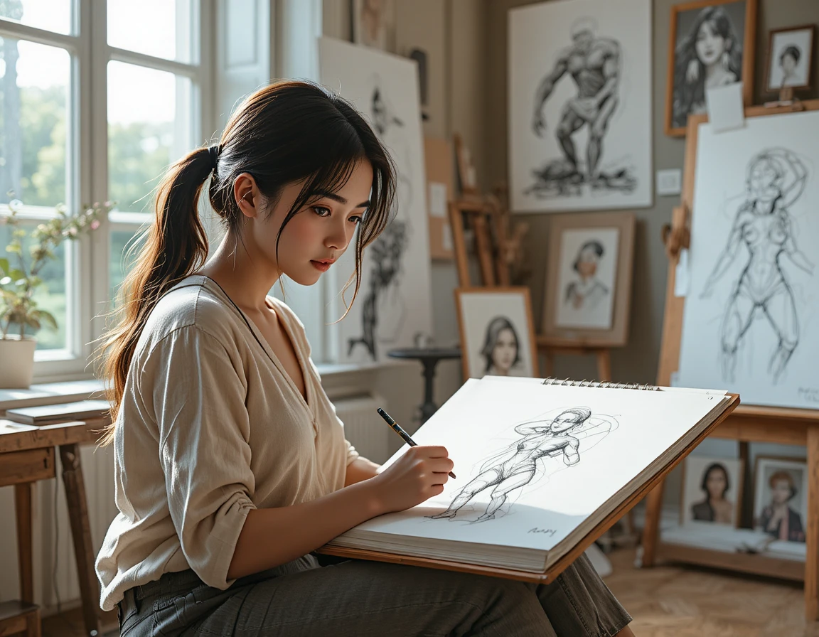 Joven artista dibujando junto a la ventana soleada del estudio