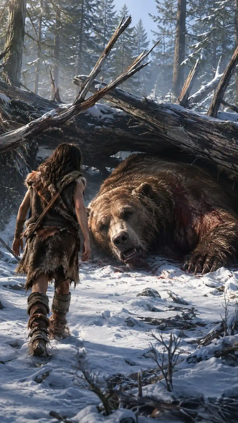 Prehistoric hunter meets injured cave bear in snowy forest
