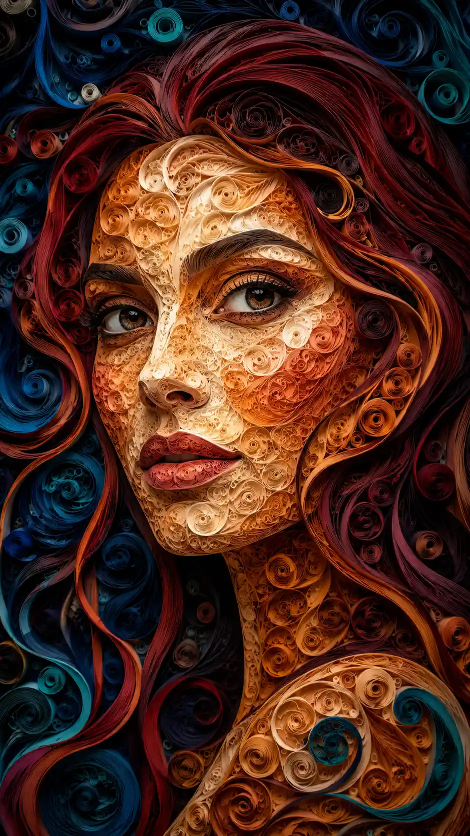 Retrato de mujer en quilling con rasgos de papel esculpido