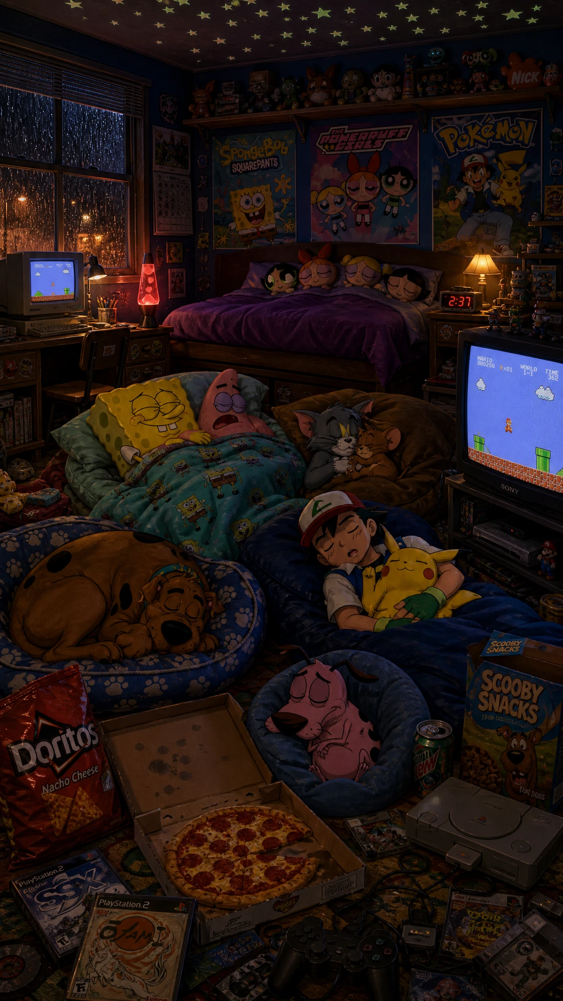 Cozy cartoon themed bedroom glowing softly at night