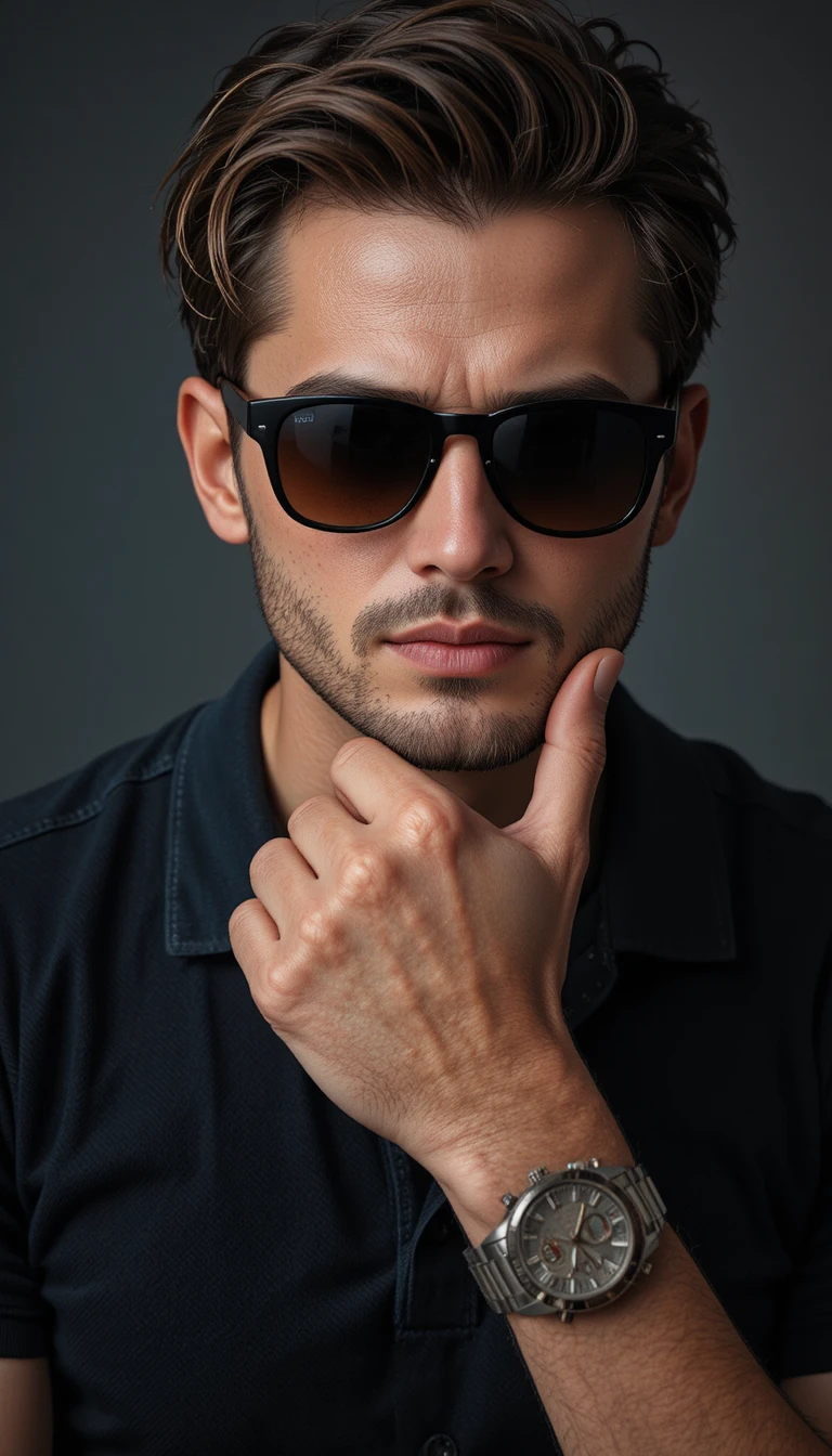 Confident man portrait in sunglasses and black polo shirt