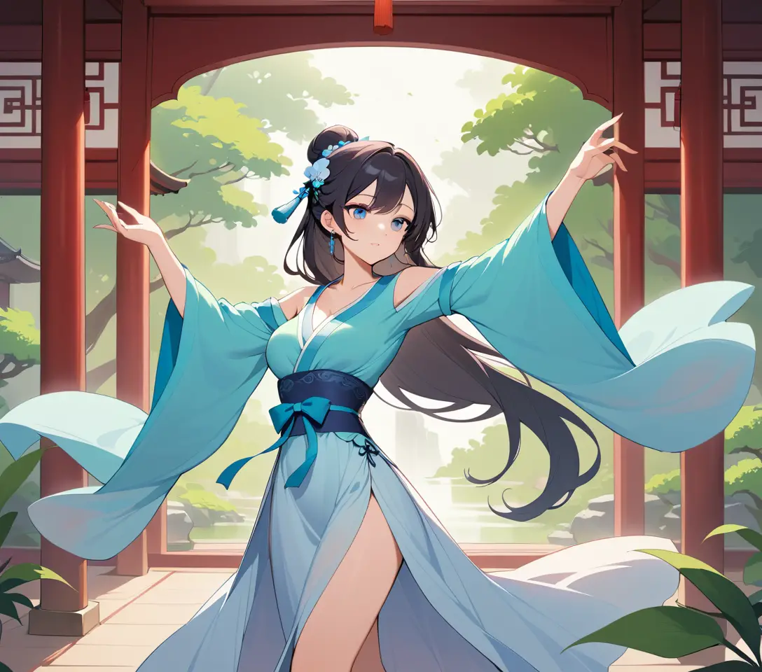 Graceful Chinese woman dancing in flowing hanfu outdoors