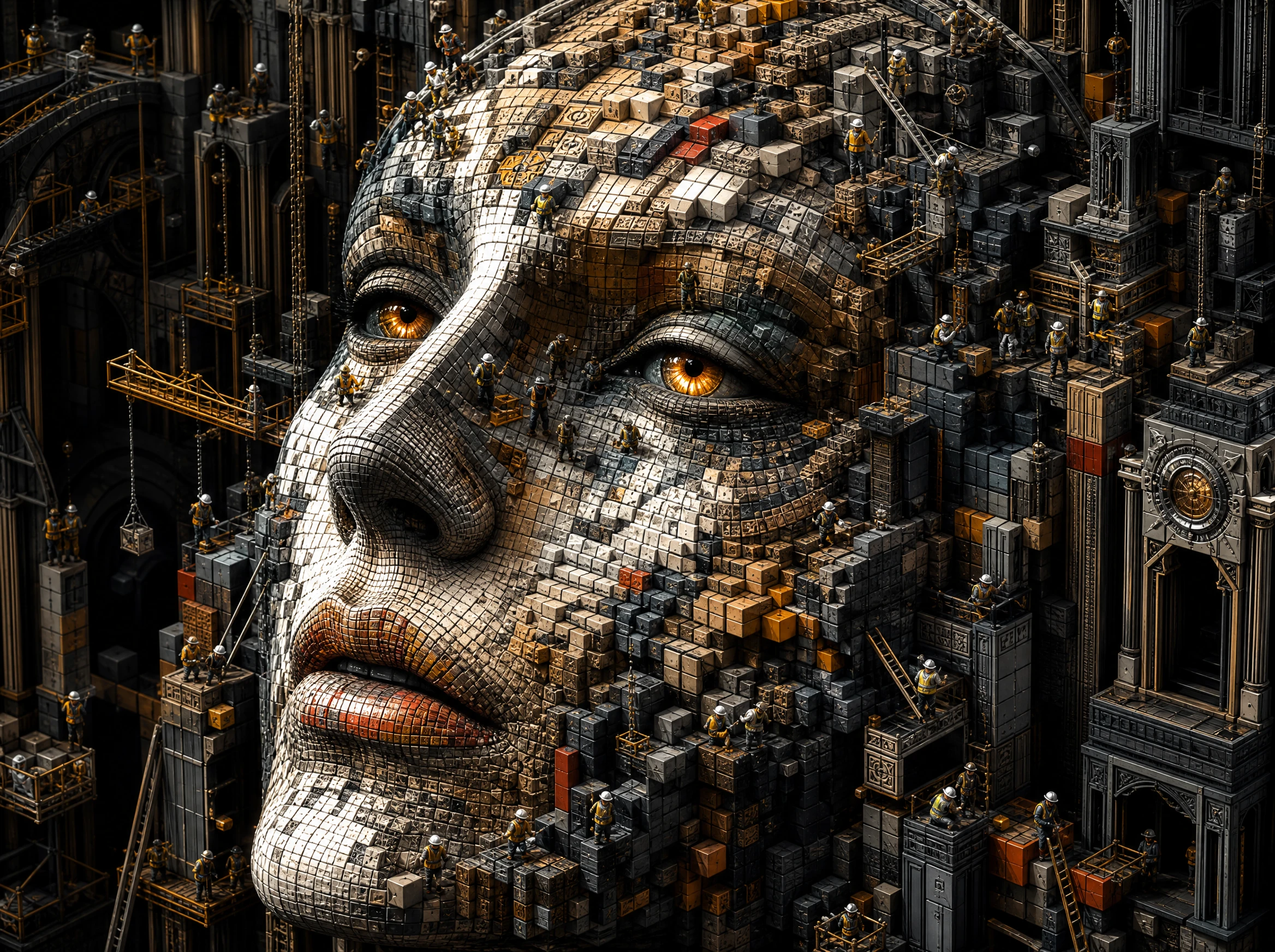Rostro femenino surrealista construido con diminutos cubos de colores