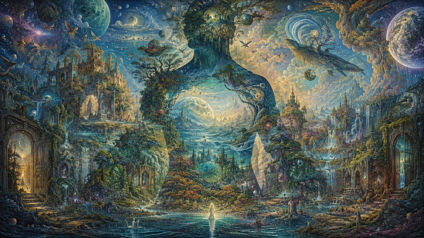 Mundo surreal de seres celestiais e criatura transformada
