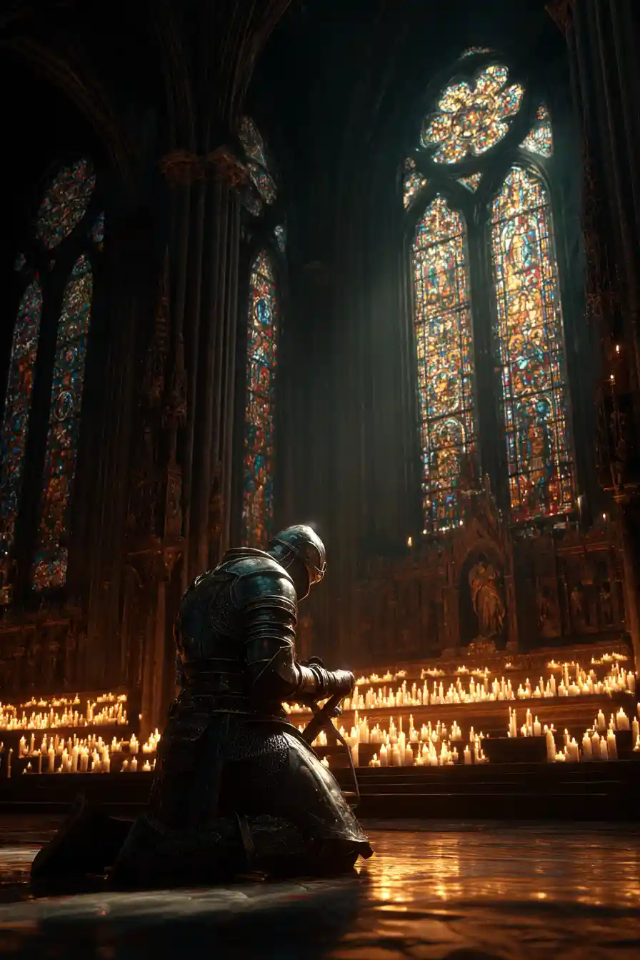 Cavaliere fantasy solitario in preghiera in una grande cattedrale gotica