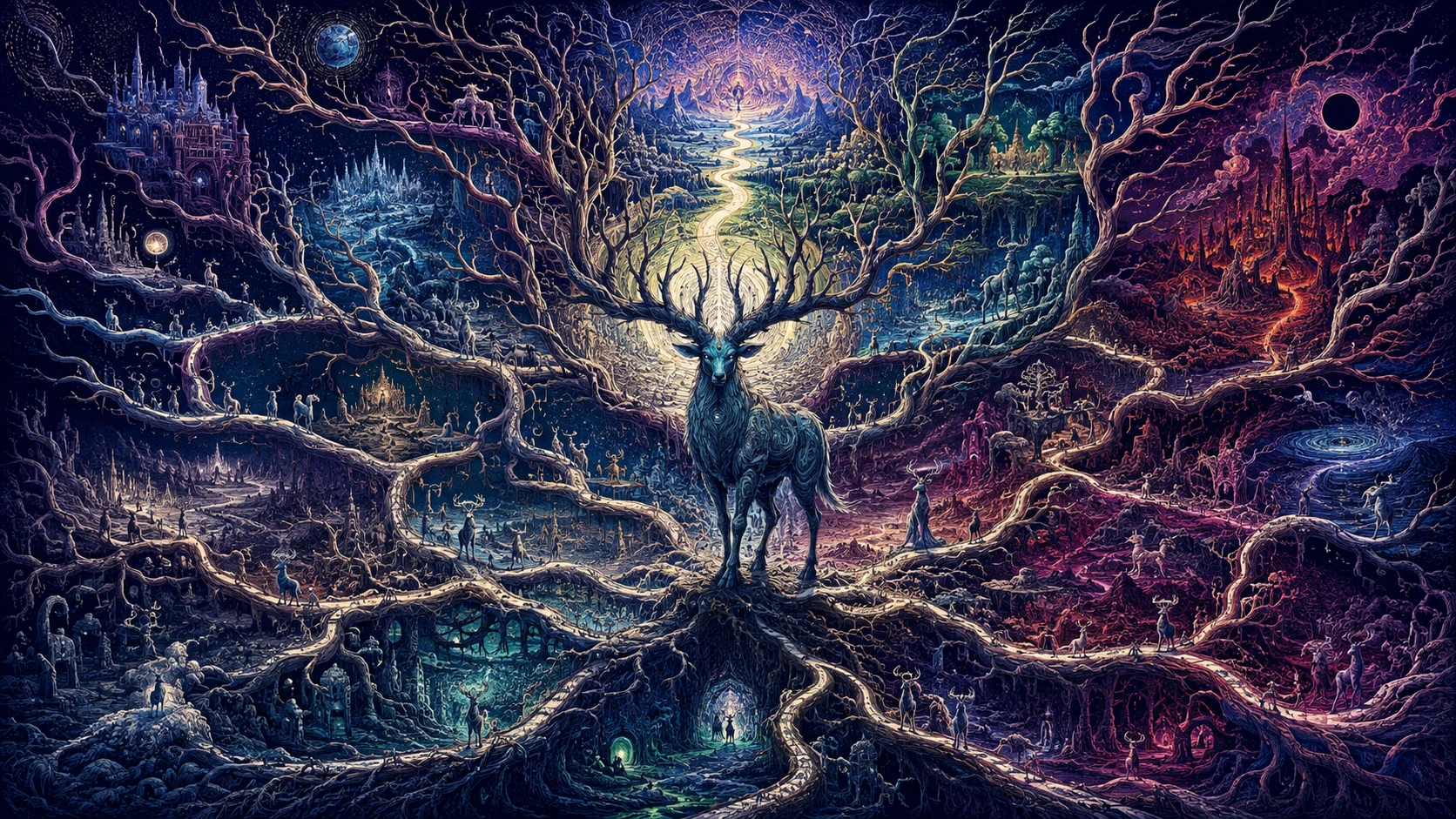 分岔人生路徑中心的超現實生物