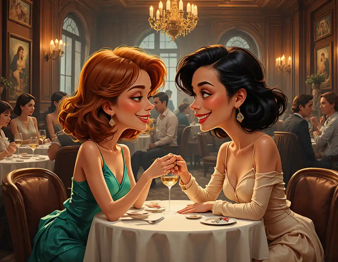 Two women sharing a tender moment in a warm restaurant