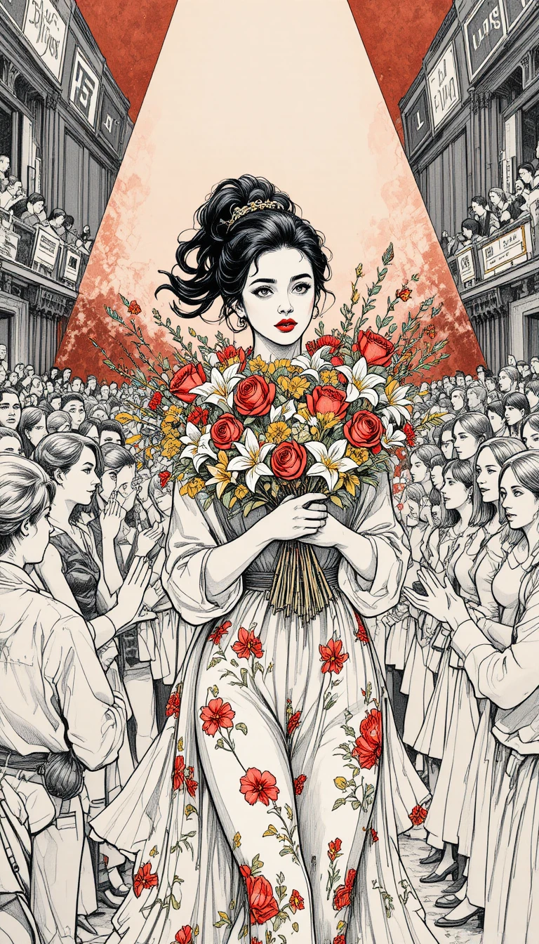 Giovane donna con bouquet che si fa strada nel backstage affollato di un concerto