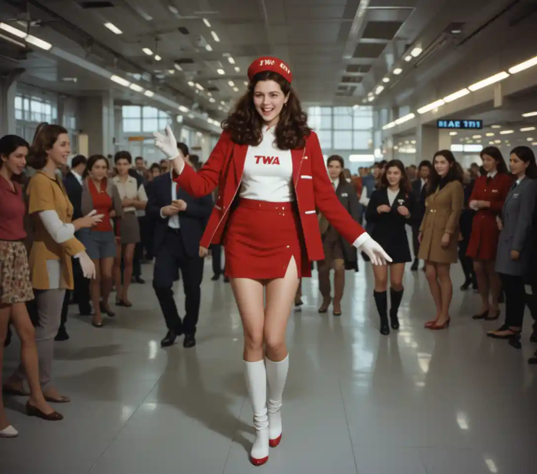 Azafata vintage de TWA bailando en una terminal de aeropuerto concurrida