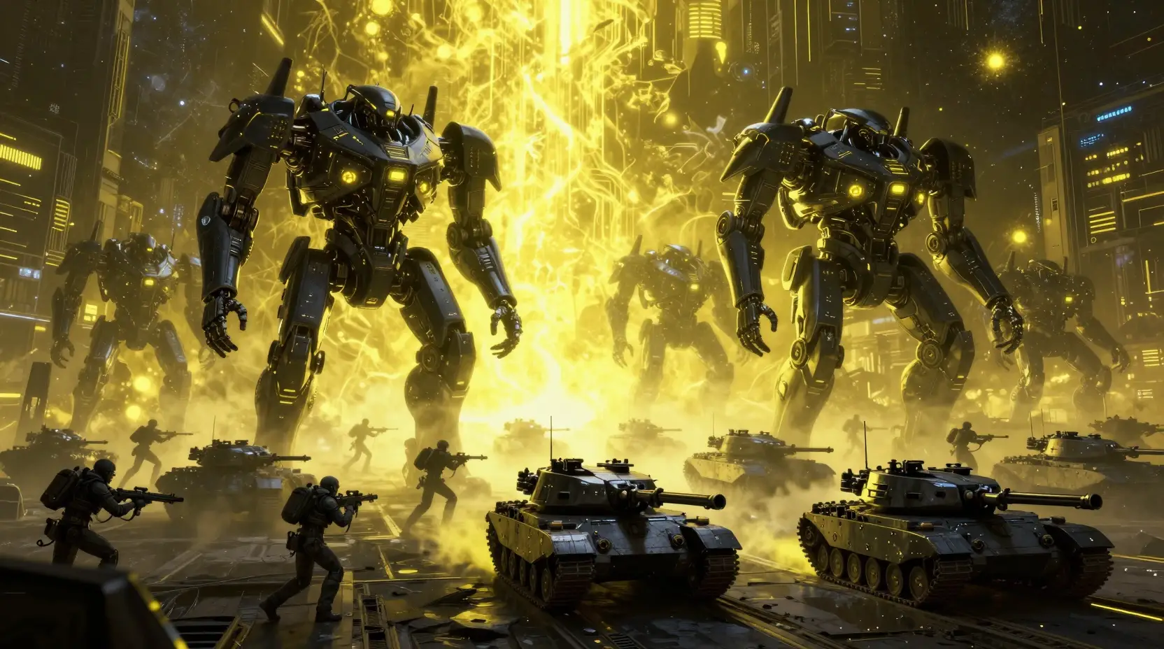 Giant black mechs patrol a ruined sci fi city