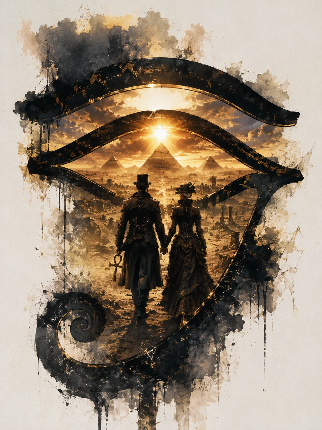 Pareja victoriana en silueta desértica del Ojo de Horus
