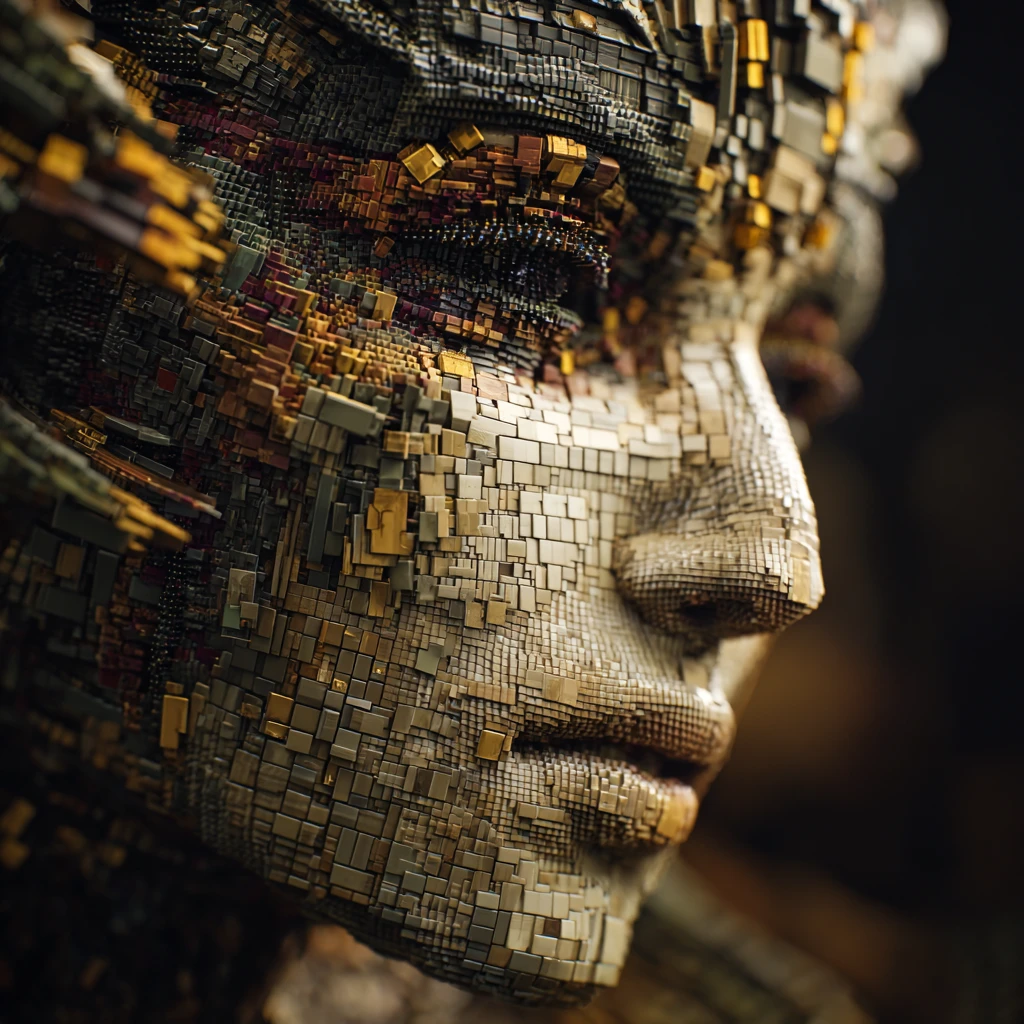 Surreales weibliches Gesicht aus Würfeln im dramatischen Close-up