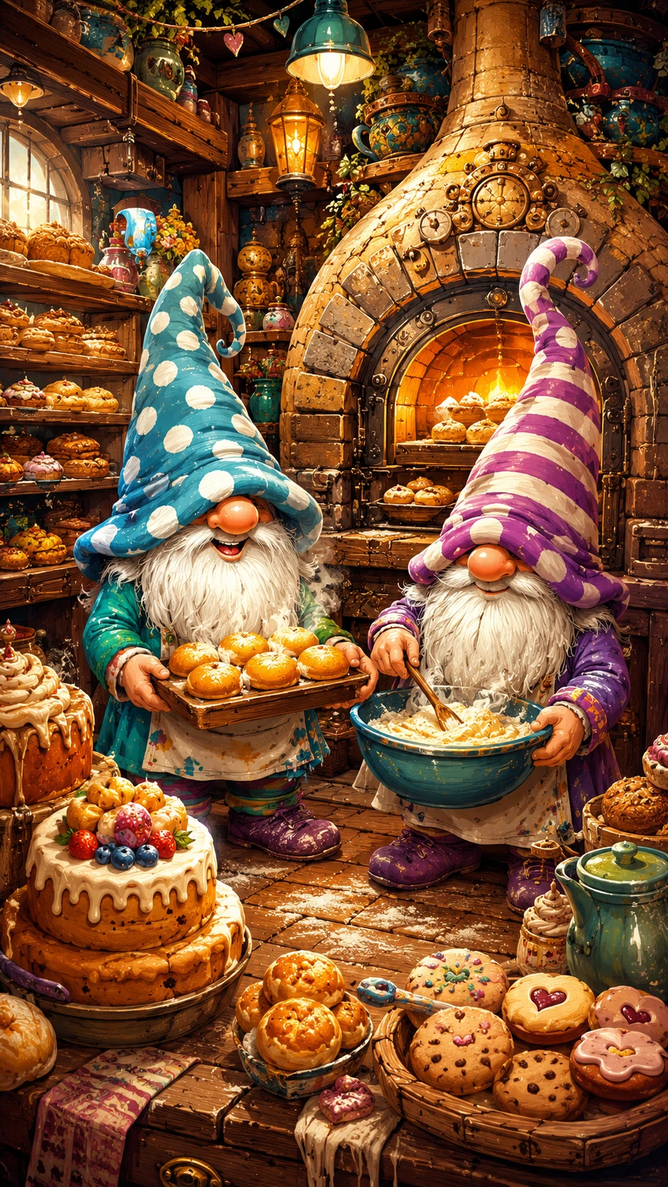 Cheerful dwarves baking in a colorful fairy tale bakery