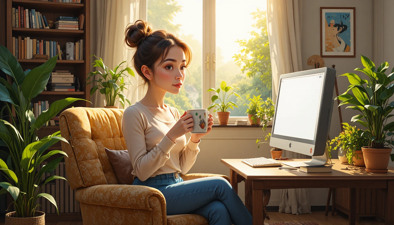 Woman writing on laptop in a sunlit cozy living room