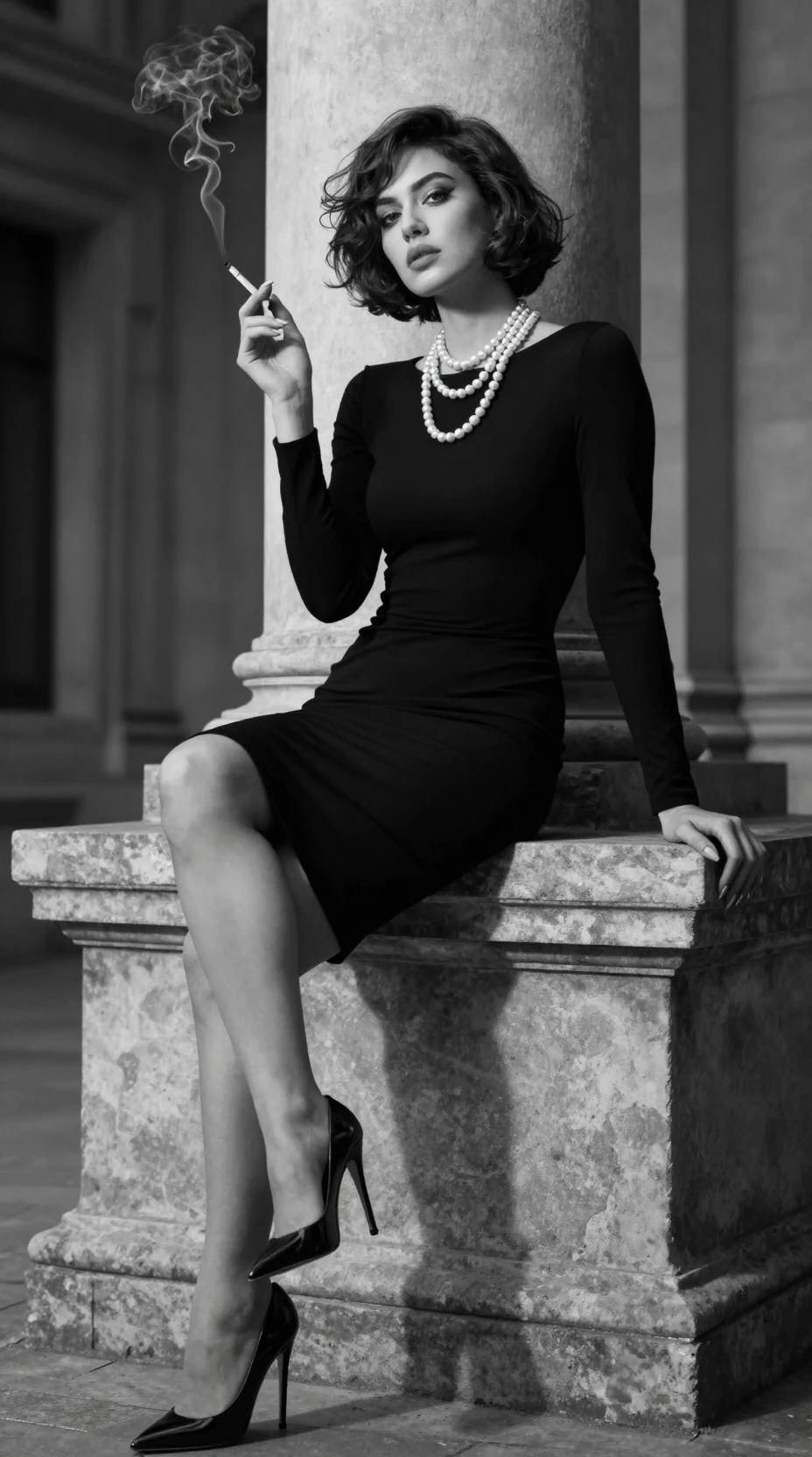 Retrato de moda en blanco y negro de una joven elegante y segura