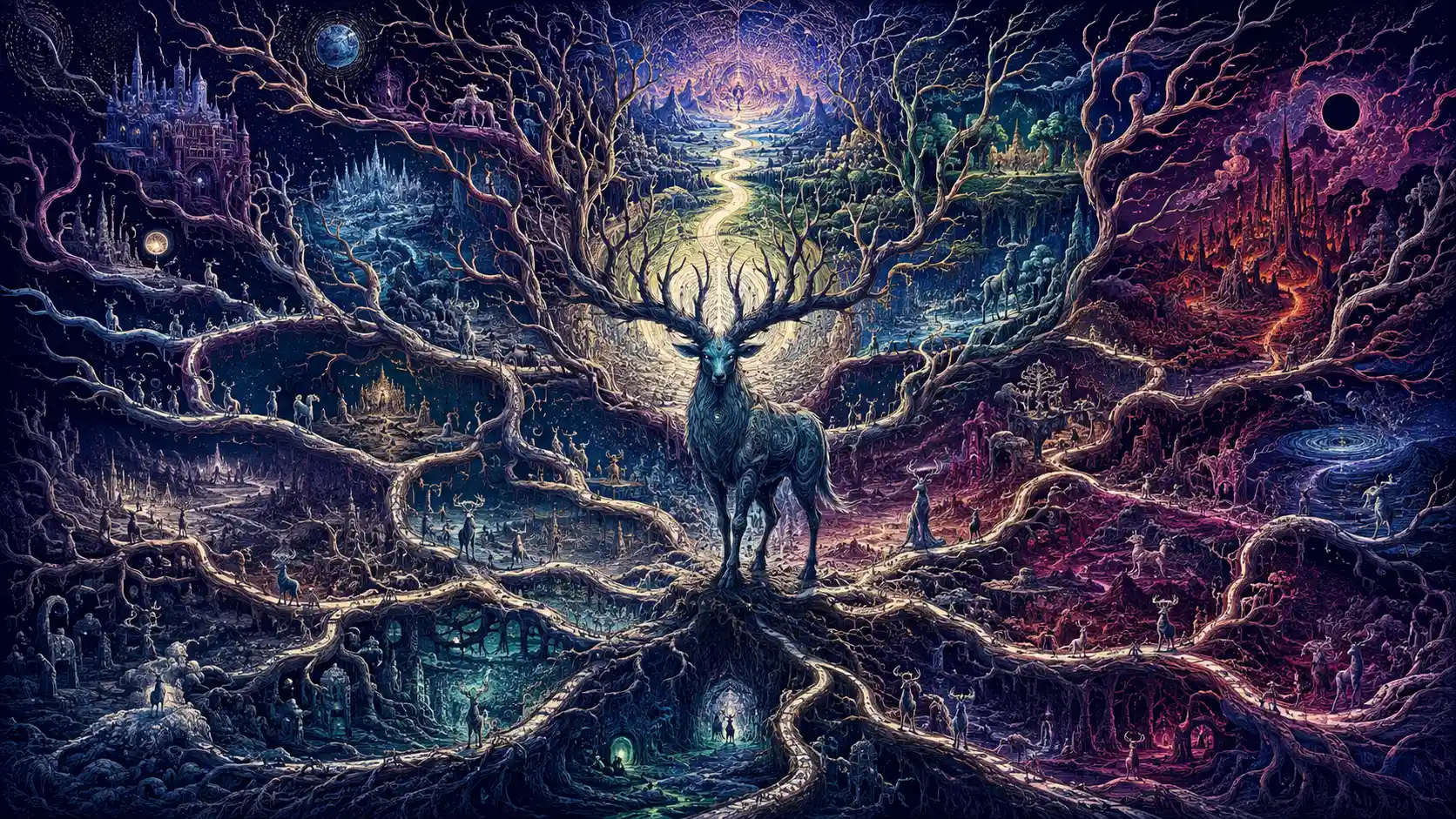 分岔人生路徑中心的超現實生物