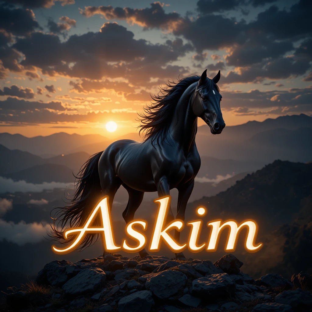 Cheval noir au sommet rocheux sous un ciel nocturne romantique