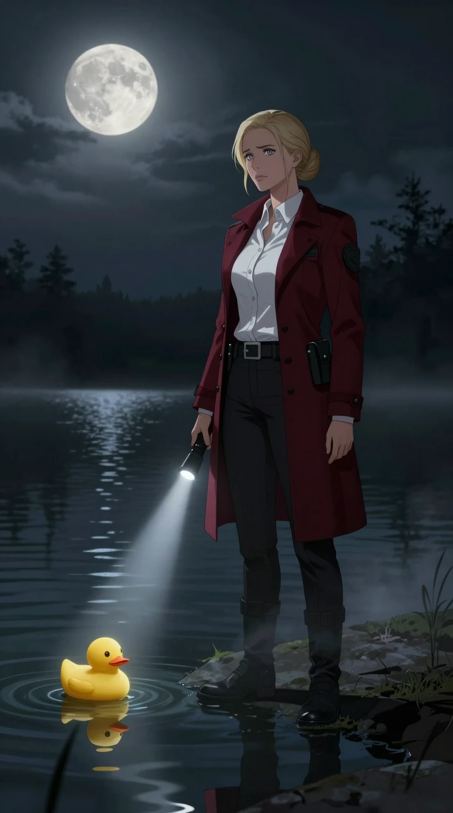 Detective femenina junto a un lago a la luz de la luna con patito de goma