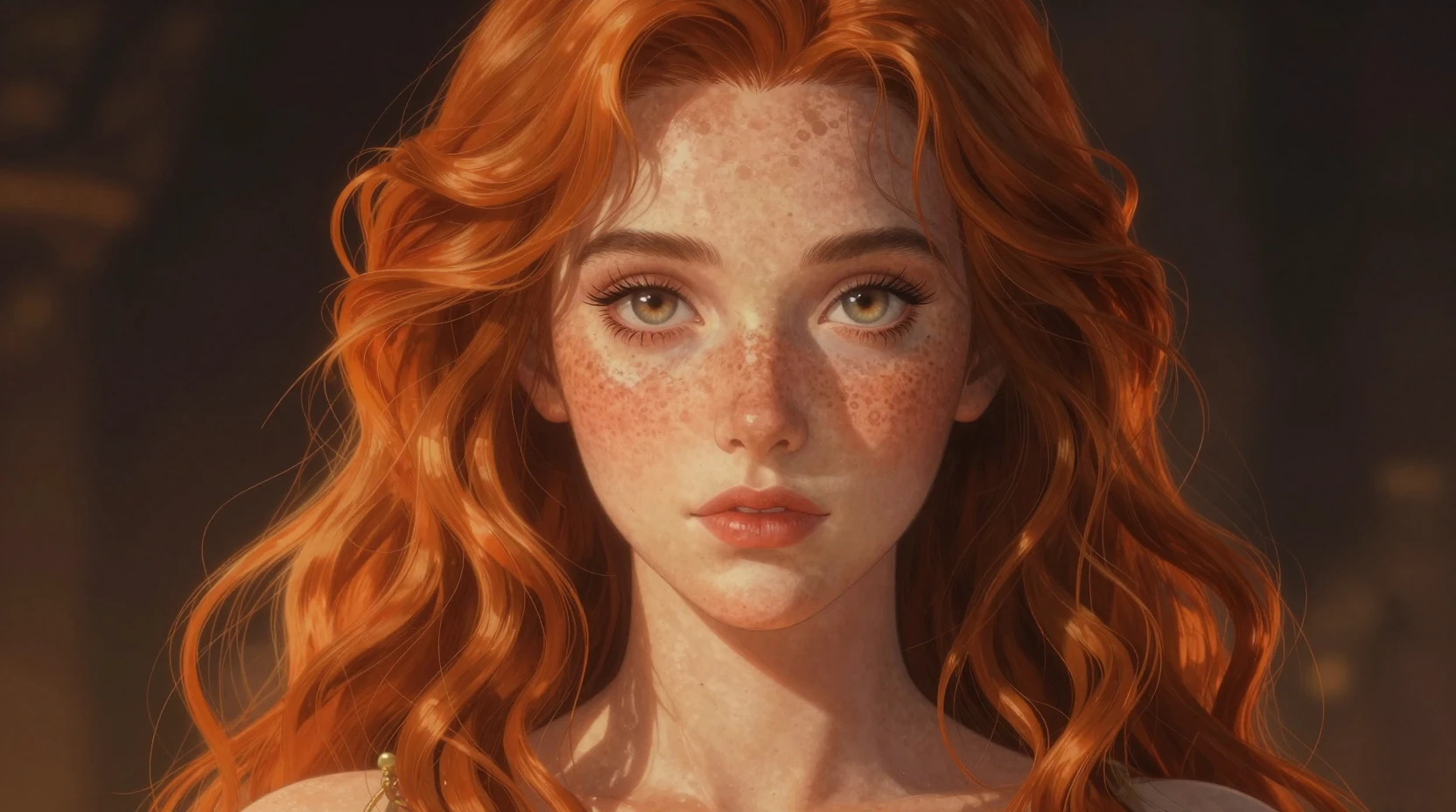 Surreal anime portrait of a freckled woman in warm golden light