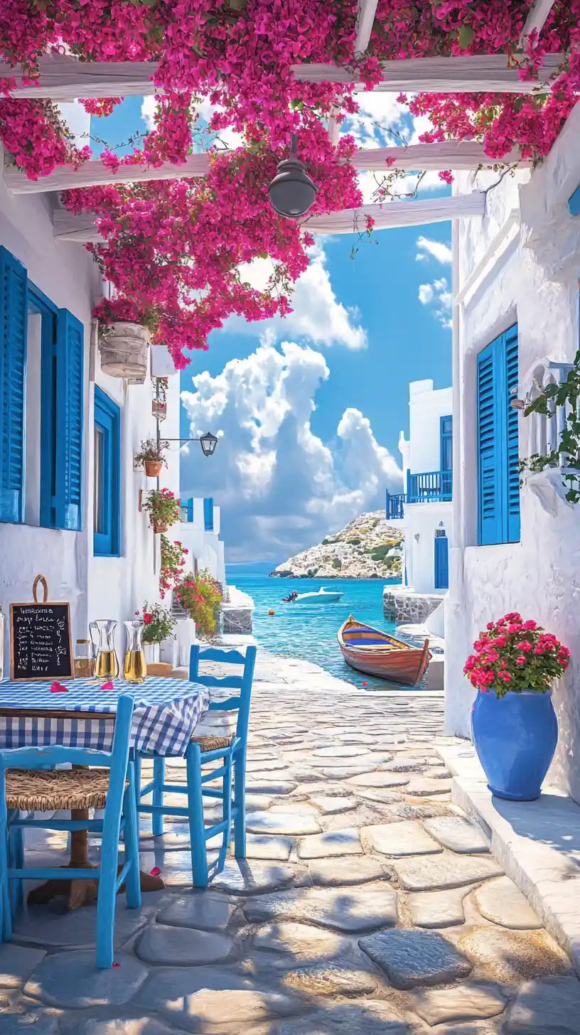 Sunlit Greek seaside taverna on a narrow stone promenade