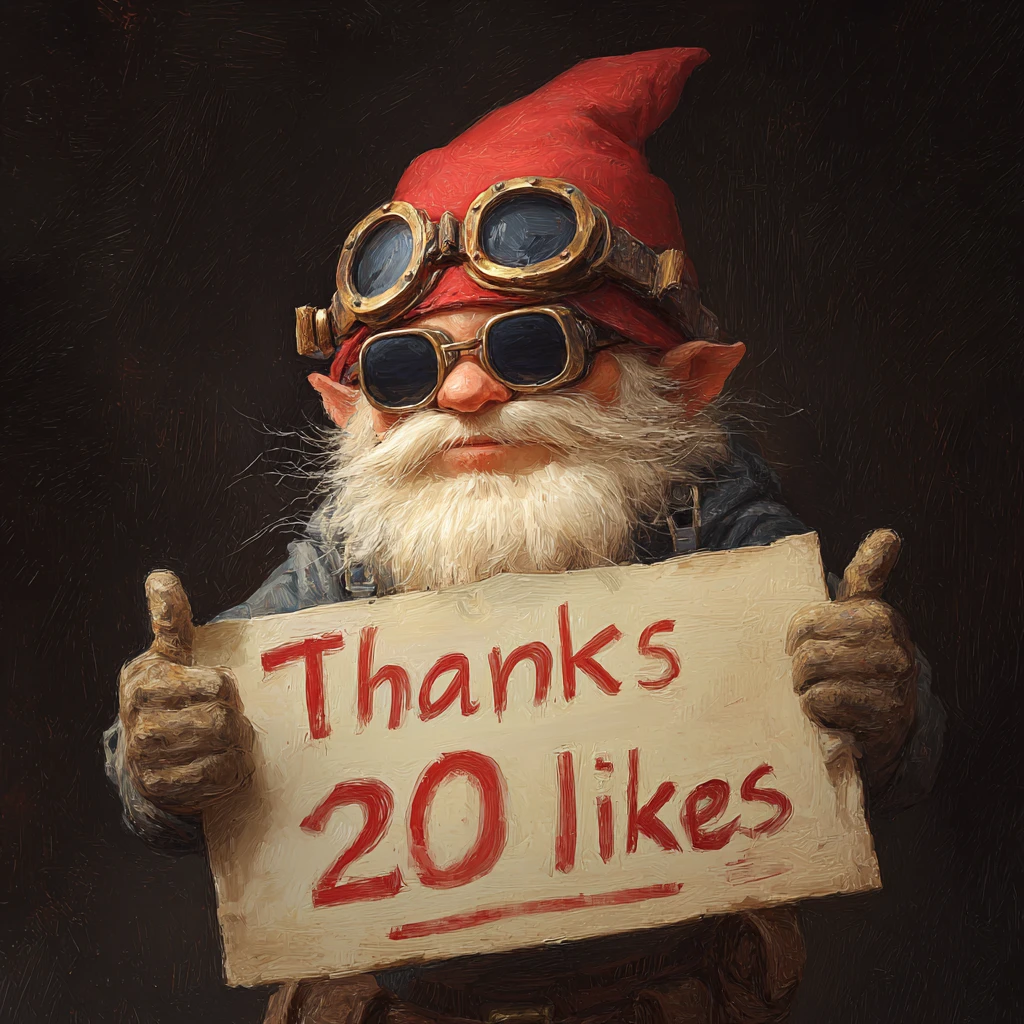 Smiling gnome with red hat holding a thank you sign