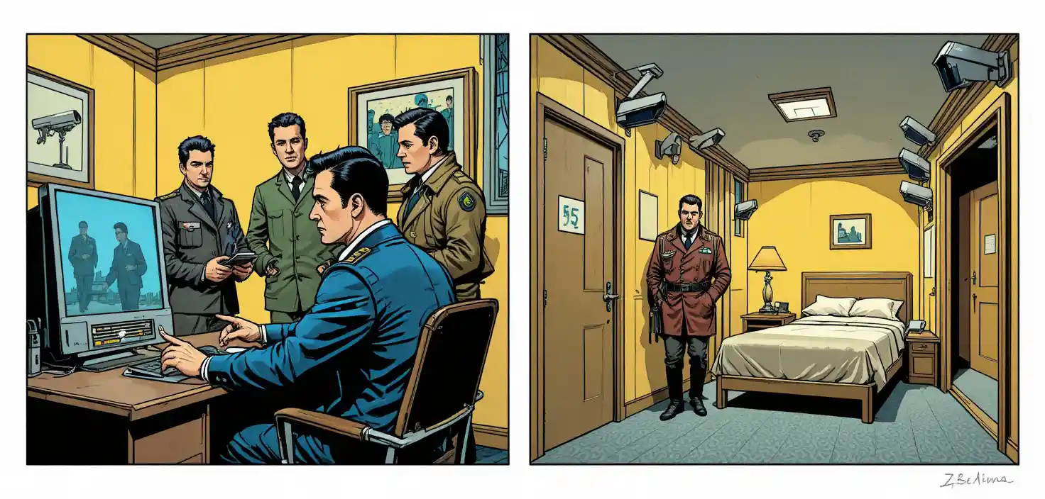 Hombres monitoreando imágenes de vigilancia en una oficina de estilo cómic