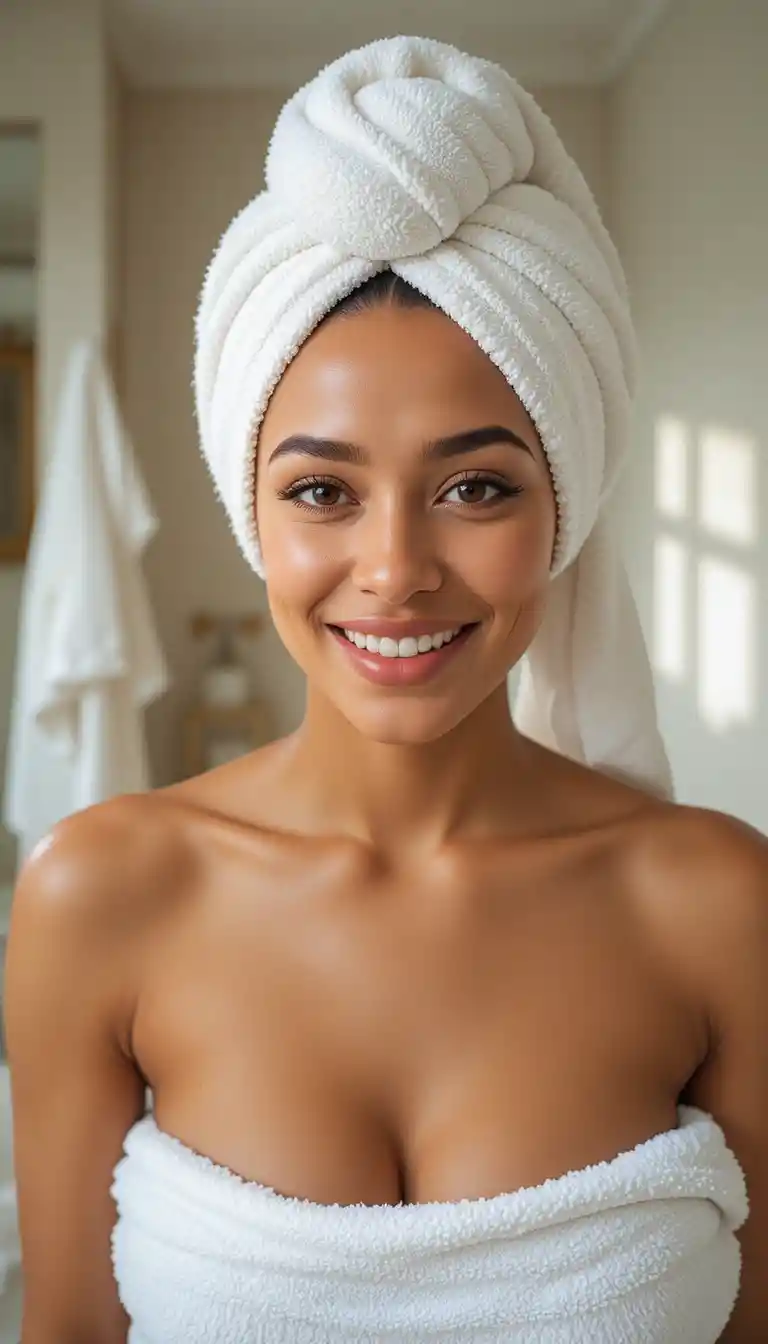 Smiling woman in white towel in a bright bathroom