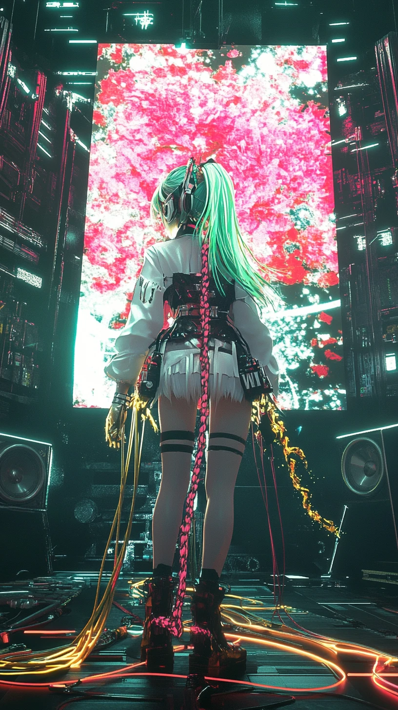 Anime girl singing on futuristic concert stage with screens