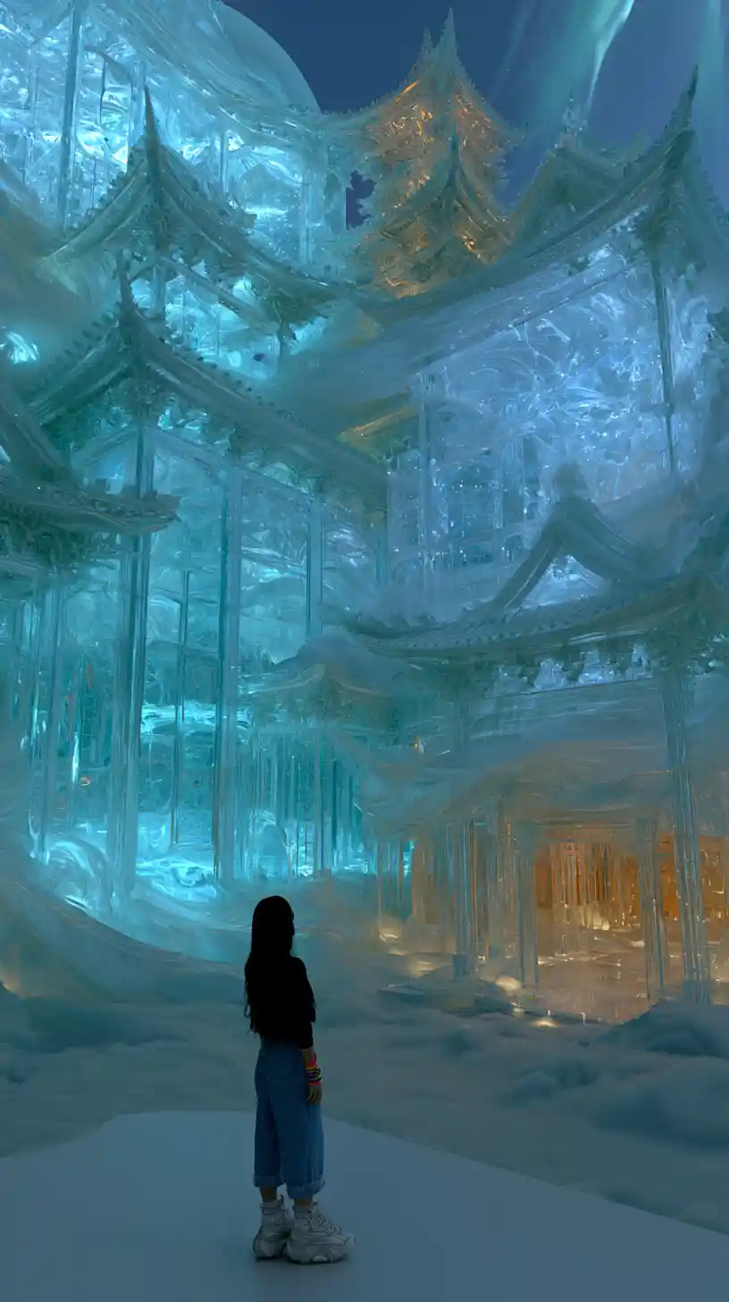 Figura solitaria frente a un vasto palacio celestial de cristal