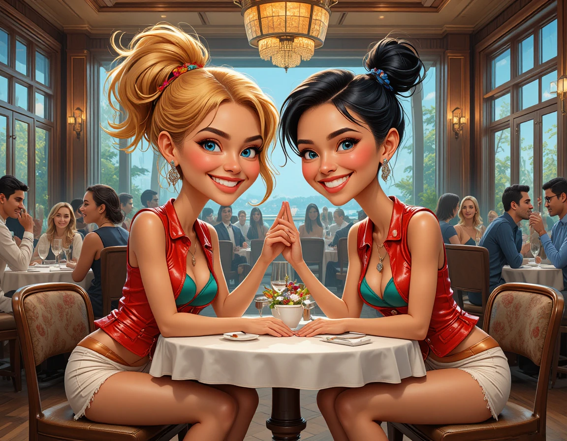 Dos mujeres comparten un momento tierno en un restaurante acogedor