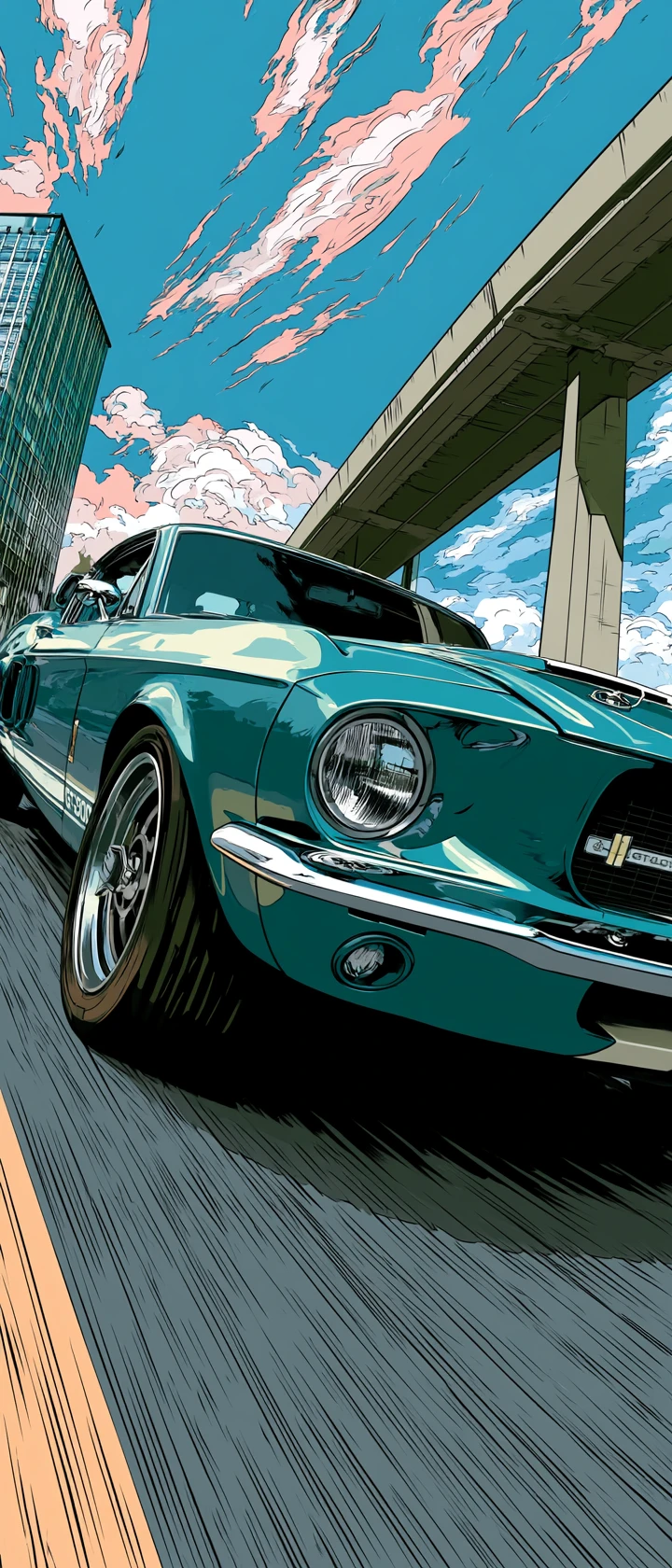 Carro muscle em pop art correndo visto de ângulo extremamente baixo