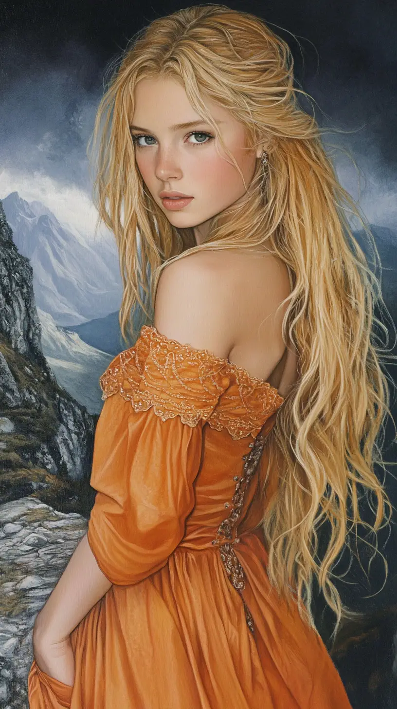 Smiling blonde girl in orange dress before Swiss mountains