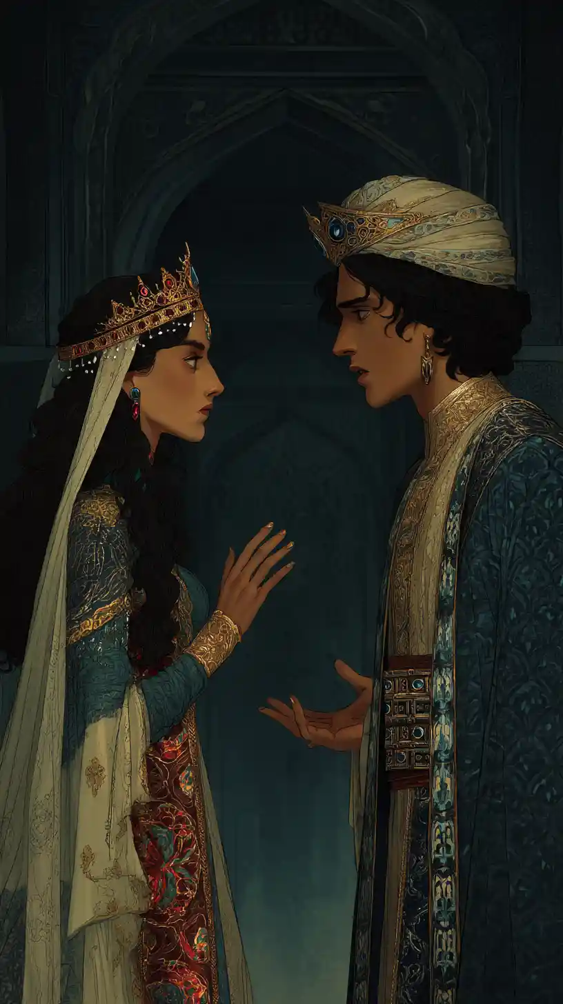 Royal couple reaching for each other in dark palace