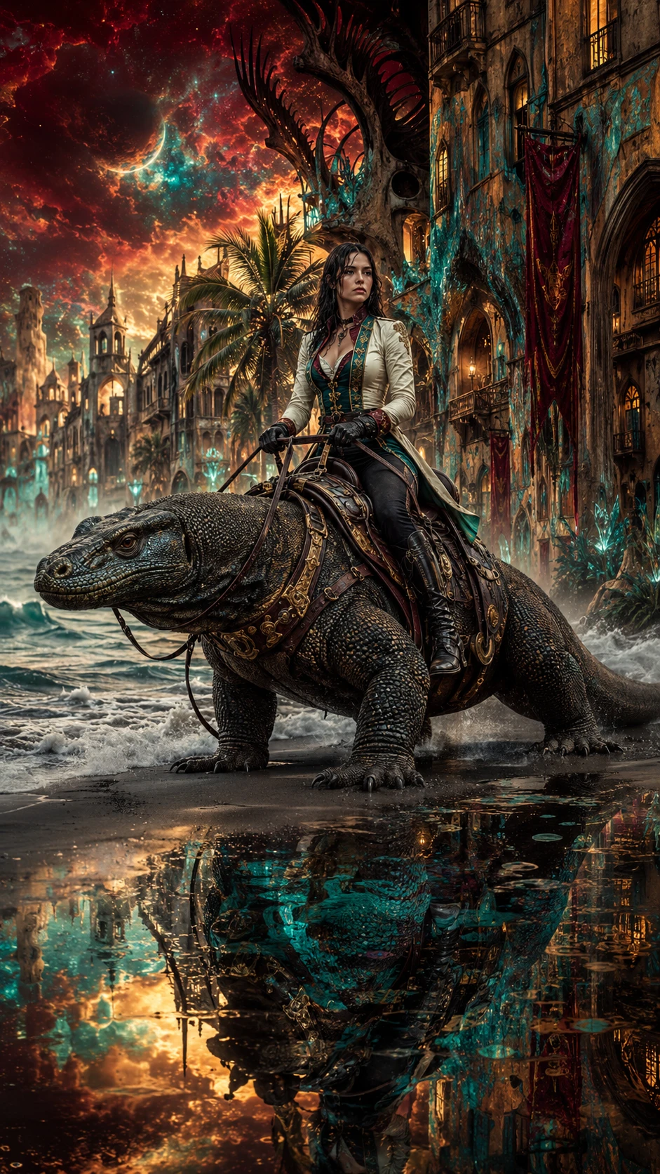 Mujer montando un dragón gigante en una costa surrealista