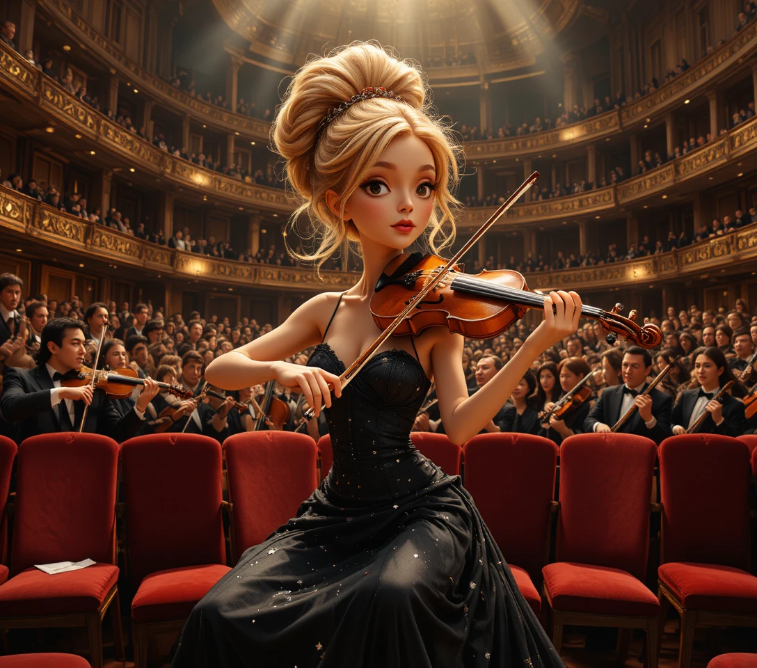 Violonchelista elegante actuando en un majestuoso salón de conciertos dorado