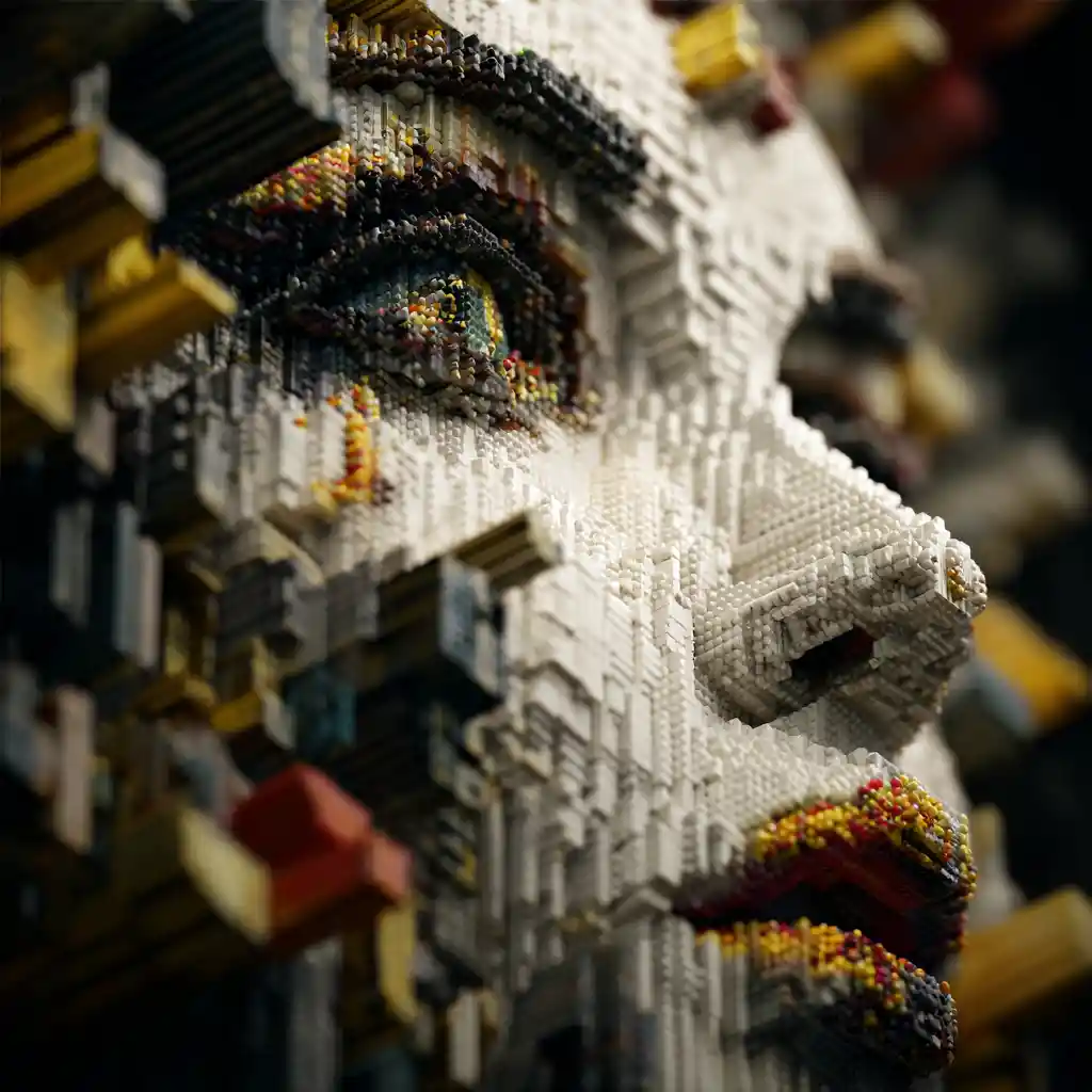Surreal cubic female face built by tiny workers