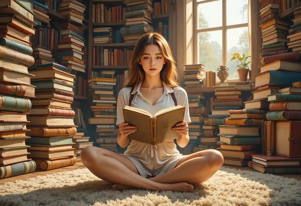 Joven leyendo en posición de loto entre altas pilas de libros
